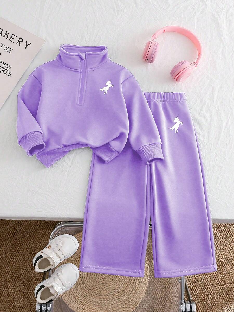 Chatreadl 2pcs Girls Unicorn Embroidery Solid Color Sweatshirt And Pants Set, Minimalist Design, Comfortable For Spring, Autumn And Winter - Purple - View 1