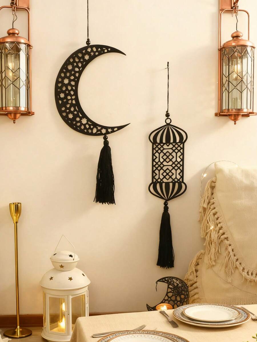 1件/2件装黑色月相墙饰，月亮造型，带流苏和灯笼挂件，木质波西米亚风墙饰，波西米亚家居装饰，适用于客厅和卧室，营造神秘氛围，简约装饰，家居及派对装饰，节日装饰