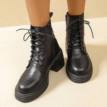 Fashionable Black Boots, Thick Sole Elevator, Lace-Up + Side Zipper, Streetwear Short Boots