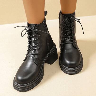 Fashionable Black Boots, Thick Sole Elevator, Lace-Up + Side Zipper, Streetwear Short Boots