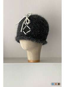 Bow Drawstring Design Knitted Beanie Hat, Warm Ear Protection, Autumn/Winter, Streetwear Chic Style, Handmade Knitted Pumpkin Hat, Thermal Lined For Warmth