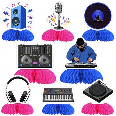 8 pièces Centres de table en nid d'abeille thème DJ, décorations musique disco hip hop, accessoires de fête, décoration de table pour anniversaire, enterrement de vie de jeune fille