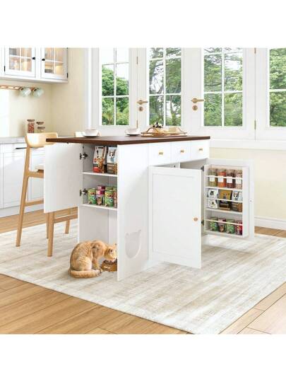 Kitchen Isl Trolley Sideboard Drawers Extendable Worktop, Spice Rack, Pet Feeding Area out Cat Bowl), Wit Walnut, 120*(40+30)*90 Cm view 8