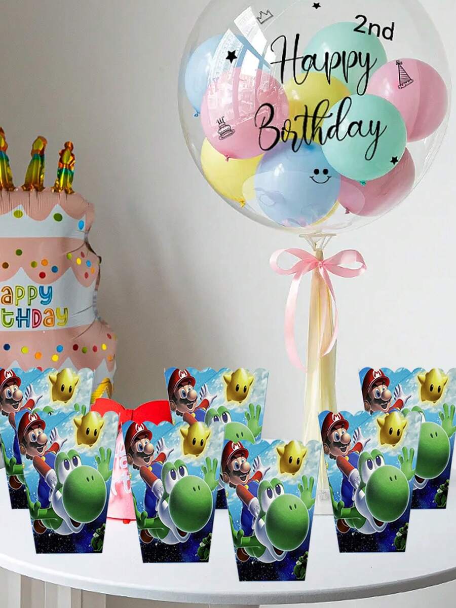 Super Mario 超级马里奥装饰道具、爆米花盒、薯条盒、派对用品袋套装、生日派对和用餐场所装饰品。