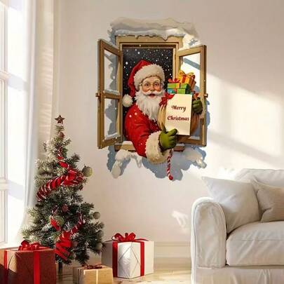 1pc Christmas Santa Claus Delivering Gifts Outside The Window - Creative DIY Self-Adhesive Removable Double-Sided Visible PVC Decorative Sticker; Suitable For Living Room, Bedroom, Dining Room, Study, Bathroom, Doors, And Windows.