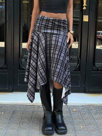 女士休闲格子不对称下摆半身裙，夏季