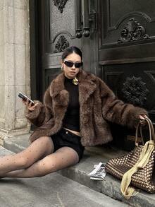 Palton de iarnă pufos cu guler din blană artificială pentru femei, retro, deschis în față, îmbrăcăminte exterioară la modă