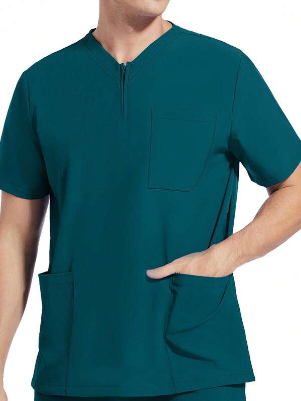 Men Short Sleeve Elastic Work Uniform, Veterinary/Pet Grooming Salon Service Shirts With Pockets, Breathable & Stretchy