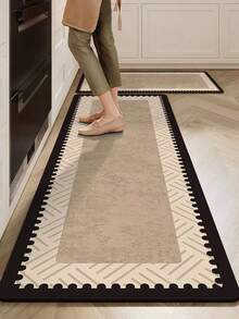 Flannel 1pc Khaki Simple Machine Washable Anti-Slip Kitchen Rug With Black Edges, Made Of Silica Gel, Absorbent And Easy To Clean, Suitable For Kitchen, Dining Room, Bathroom, Laundry Room And Entryway - Khaki - View 1