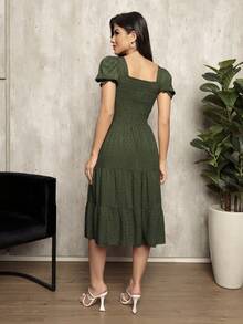 Women's Short Dress With Elasticated Puff Sleeves And Popcorn Detail - xanh quân đội - Xem 2