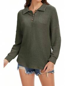 Womens Tops Waffle Knit V-Neck Long Sleeve T-Shirts Button Down With Pockets Tunic Fashion ClothingChristmas - 杏色 - 查看 7