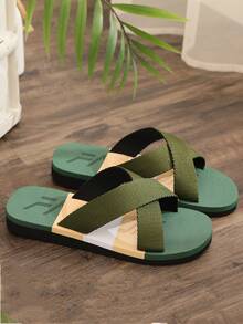Men's Cross Strap Slippers, Green Patchwork Fabric Upper, Flat Outdoor Sandals For Summer Beach, Casual - Green - View 15