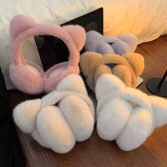 Cute Plush Cat Ear Earmuffs, Warm & Windproof Ear Covers, Foldable For Cycling, Students, Winter White Ear Muffs
