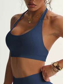 Women's Solid Color Wire-Free Sports Bra, Breathable And Comfortable Sports Bra, Fitness Apparel, Peak Tennis Bra, Women's Indoor And Outdoor Sportswear, Fitness Training Apparel - 藏蓝色 - 查看 3