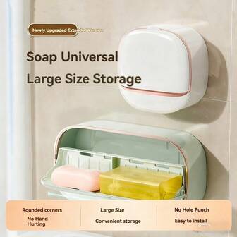 1 st lyxig tvålkopp, väggmonterad tvålhållare för badrum med lock, avloppsställ, ingen borrning krävs badrumstillbehör badrumsverktyg