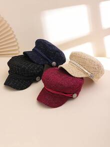 1顶女士纯色亮面格子编织超大贝雷帽，时尚优雅，适合休闲、购物、约会、通勤等场合。