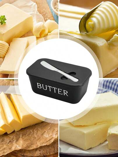 PP Butter Box With Knife, Large Capacity Sealed Cheese Storage Container For Home Use, Decorative Buttery Dish Covered Multi-Purpose Tray Suitable For Countertop And Fridge - Available In White, Black & Gray