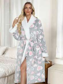 Latest Women's Long Thermal Nightdress, Soft And Warm Long Printed Fluffy Bathrobe, Autumn/Winter Thickened Bathrobe, Women's Casual Knitted Knee-Length Robe With Tie Waist, Standard Cuffs For Comfortable Sleepwear, Pocketed Shower Robe For Home Wear.