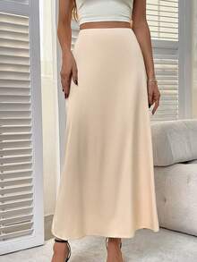 Gonna elegante con zip e spacco, in tessuto di raso con leggera elasticità, moda minimalista elegante adatta per l'estate - Albicocca - Visualizzare 5