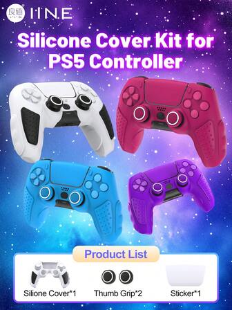  IINE Silicone Cover Kit Compatible With PS5 Controller With Silicone Cover*1 Thumb Grip*2 Touch Pad Sticker*1 Anti-Slip Dustproof Anti-Scratch Sweatproof Protected Sleeve Case Set For Playstation 5 DualSense Gamepad Black White Purple Blue And Red L691 L693 L694 L692