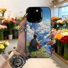 Cubierta de telefono con diseño de arte digital azul cielo nubes y persona sentada en montaña para iPhone 14 Pro Max funda protectora con texto CASETTO ideal para uso diario y regalos esteticos Aplicable a los teléfonos de la serie Apple y Galaxy - Negro - Ver 2
