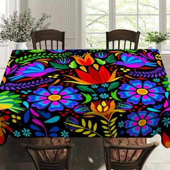 1pc Mexican Folk Art Floral Tablecloth, Polyester Rectangular Dining Table Cover, Suitable For Daily Home Gatherings, Holidays, Parties, Restaurants, Living Rooms, Fashionable Outdoor Wedding Events, Indoor And Outdoor Use