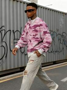 Men's Solid Color Drop Shoulder Long Sleeve Drawstring Pocket Casual Sweatshirt, Autumn/Winter, Back To School