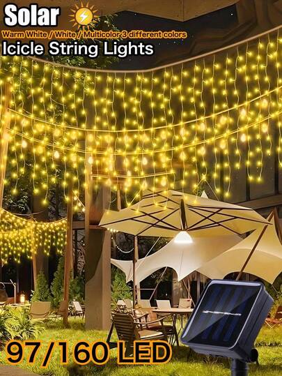 Solar 97/160 LED Christmas Lights String Outdoor - 8 Modes Icicle Lights With 16/27 Drops, Waterproof Solar -Powered In Fairy String Lights With Memory For Party, Holiday, Wedding, Christmas Decoration, (Multicolor/Warm White)
