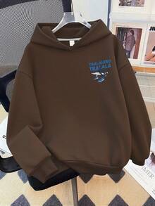 Tween Boy Casual Simple Shark Print Sweatshirt Boys Long Sleeve Sweatshirt Autumn And Winter Student Style - Brown - View 3