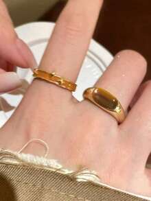 2pcs Fashionable Personalized Retro Mori Design Natural Stone Adjustable Open Ring Suitable For Women's Daily Wear And Party, Photography Accessory, Birthday Gift For Bestie