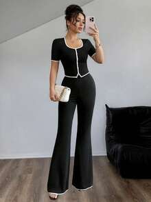 Conjunto de 2 piezas para mujer con top elegante de botones delanteros y pantalones para uso casual y de oficina - Negro - Ver 1