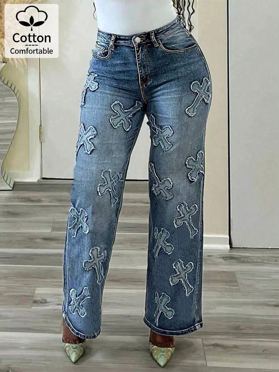Jeans rectos de moda casual con botones e impresión cruzada para mujer