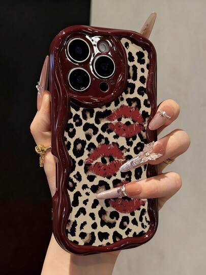 Leopard Lip Painted, Cartoon Bear Painted, Flat Printed Cream Burgundy Wavy Edge Painted Soft Case Compatible With IPhone 17/17 Pro Max/ 16/16 Pro/16 Pro Max/15/XR/7P8P/P12 Pro Max/P13 Pro Max/P14 Pro Max/P13/P14/P11/P12/P14, Cute & Fashionable Thick Phone Case For XS/S/XS Max/78GES2