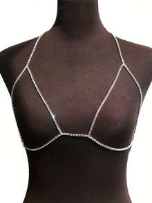 1件夜店镂空水晶水钻极简文胸链，性感水晶女士比基尼内衣配饰 - 銀色 - 查看 2