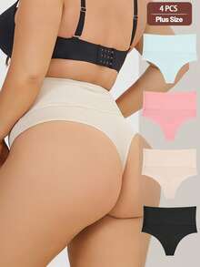 4pcs Plus Size Women Solid Mesh High Waist Soft Seamless High Elasticity Thong Panties, Ladies Underwear