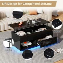 100*50*44cm Hydraulic Height-Adjustable Coffee Table, With LED Lighting, Bluetooth App Control, 2 Drawers And Open Storage Space, Black Liftable Coffee Table - Black3 - View 7