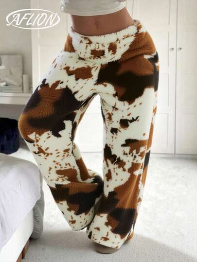 Pantalones anchos de patas anchas de unicolor con piel sintética esponjosa para mujer, cálidos y cómodos, pantalones sueltos de estilo retro y de moda Y2K, adecuados para uso casual diario, otoño/invierno, estilo callejero, Navidad, Año Nuevo