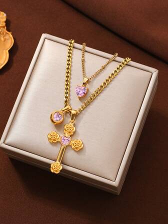 2件套时尚优雅不锈钢女士吊坠项链，包含心形、十字架、玫瑰花元素，适合日常佩戴、节日、约会、订婚、结婚等场合作为礼物。