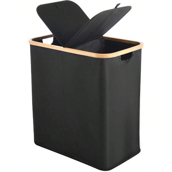 ALINK Divided Folding Bamboo And Canvas Laundry Hamper Double Large Laundry Basket With Lid Modern Collapsible Hamper With Handles Waterproof Liner Great For Adults Bathroom Living RoomBlack