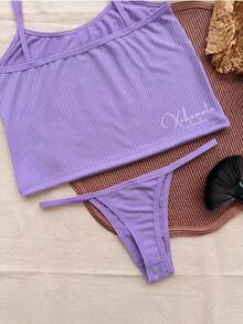Lingerie Set: Thong Top (No Padding), Ribbed Suede Fabric, Comfortable, Butt-Lifting Effect. - Púrpura polvoriento - Ver 2