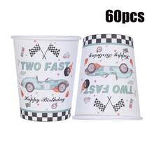 10/20/40/60pcs,Blue Two Fast Racing Car Birthday Party Supplies Set - Race-Themed 9oz Paper Cups With Checkered Flags, Number 1( F3) & "Two Fast" Text - Disposable Cups For Race Car Birthday Party Decorations - Multicolor - View 6