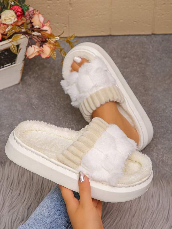 大码（36-45码）白色毛绒家居拖鞋，露趾设计，适合日常穿着，时尚家居拖鞋，女士秋冬款