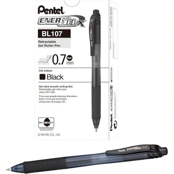 EnergelX Liquid Gel Pen Retractable 0.7mm Medium Nib Black Barrel Black Ink Box Of 12 Pens BL107A
