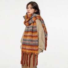 1pc Striped Scarf For Women, Thick & Warm Dual-Use Shawl/Neck Warmer, Autumn/Winter - Multicolor - View 9