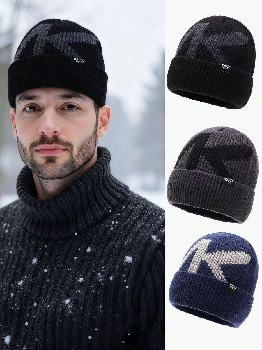 1顶男士保暖内衬黑色针织帽，加厚针织帽，冬季新款保暖滑雪帽，时尚腈纶针织帽 - 黑色 - 查看 1