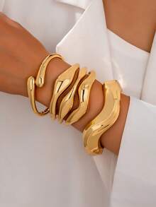 3件/套 简约光滑几何波浪不对称水滴形手链套装，适合女性，精致质感抛光金属和锌合金材质 - 金黃色 - 查看 12