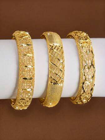 1/3pcs 24K Gold Plated Handcrafted Carved Bracelet, Intricate Pattern, 60mm Diameter, Openable, Suitable For Women's Daily Wear, No Packaging