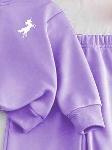 Chatreadl 2pcs Girls Unicorn Embroidery Solid Color Sweatshirt And Pants Set, Minimalist Design, Comfortable For Spring, Autumn And Winter - Purple - View 5