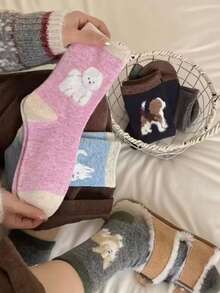 5 pares de calcetines cálidos de estilo japonés para otoño/invierno, calcetines medianos con diseño de cachorros de dibujos animados, calcetines medianos cálidos, calcetines de dibujos animados con bloques de color simples y lindos - Multicolor - Ver 2
