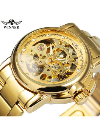 T-WINNER 1 pieza Reloj de mujer elegante y de moda, de marca de lujo, esqueleto automático y mecánico, correa de acero inoxidable, para uso casual y de negocios, regalo con caja